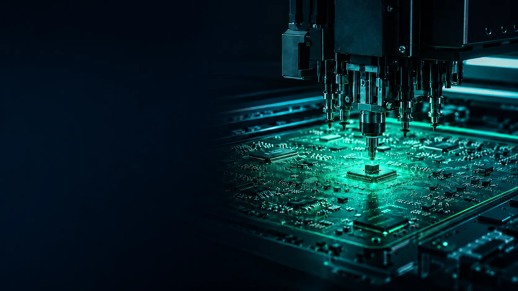 Automated SMT pick-and-place machine populating a printed circuit board